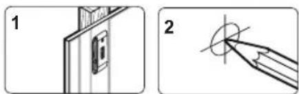 Technical diagram showing two-step installation: first with door opening, second with pencil tip drawing a circle on a line.