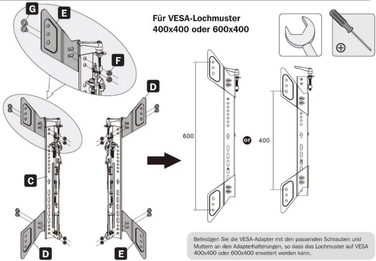 Für VESA-Lochmuster 400x400 oder 600x400 Befestigen Sie die VESA-Adapter mit den passenden Schrauben und Muttern an den Adapterhalterungen, so dass das Lochmuster auf VESA 400x400 oder 600x400 erweitert werden kann.