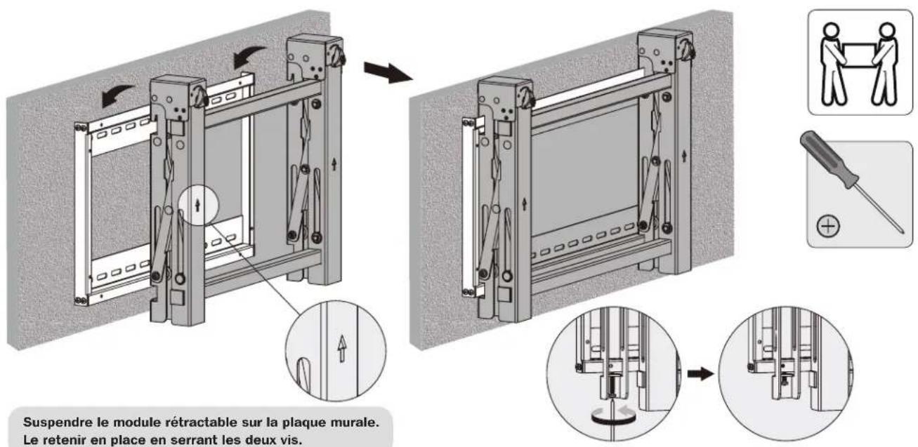 Suspendre le module rétractable sur la plaque murale. Le retenir en place en serrant les deux vis.