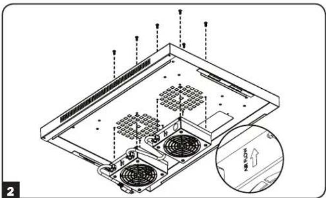 Technical diagram of a computer ventilation system with labeled components and airflow direction indicator