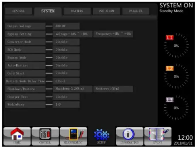 GENERAL SYSTEM BATTERY PRE-ALARM PARALLEL SYSTEM ON Standby Mode Output Voltage — 230.0V Bypass Setting — Voltage:-10% ~+10% Frequency:-Hz ~+Hz Converter Mode — Disable ECO Mode — Disable Bypass Mode — Disable Auto-Restart — Disable Cold Start — Disable Battery Mode Delay Time — 0(Sec) Shutdown/Rest…