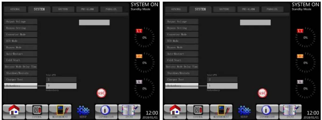 GENERAL SYSTEM BATTERY PRE-ALARM PARALLEL SYSTEM ON Standby Mode Output Voltage Capacit Setting Converter Mode ZDC Mode Capacit Mode Auto-Restart Cold Start Battery Mode Delay Time Shutdown/Restore Charger Test Redundancy 0 Redundancy ESC GENERAL SYSTEM BATTERY PRE-ALARM PARALLEL Output Voltage Capa…