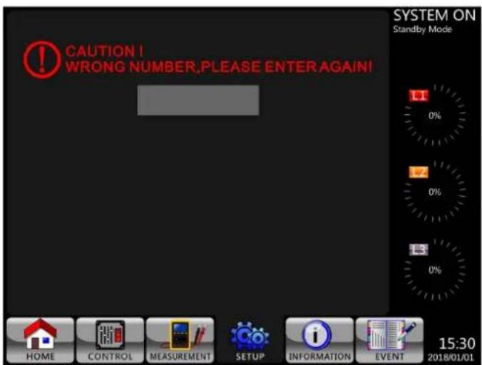 CAUTION! WRONG NUMBER,PLEASE ENTER AGAIN! SYSTEM ON Standby Mode HOME CONTROL MEASUREMENT SETUP INFORMATION EVENT 15:30 2018/01/01