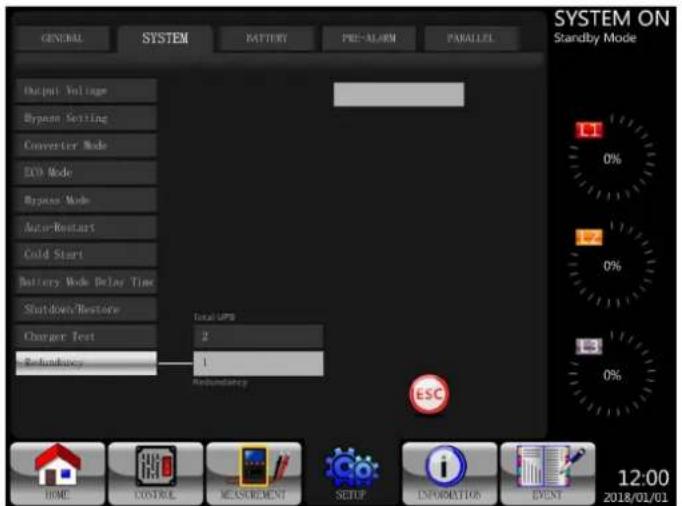 GENERAL SYSTEM BATTERY PRE-ALARM PARALLEL SYSTEM ON Standby Mode Output Voltage Bypass Setting Converter Mode ECO Mode Bypass Mode Auto-Restart Cold Start Battery Mode Delay Time Shutdown/Restore Charger Test Refurbency Total UPS 2 1 Refrumbency ESC NONE CONTROL MEASUREMENT SUPPORT INFORMATION EVENT…