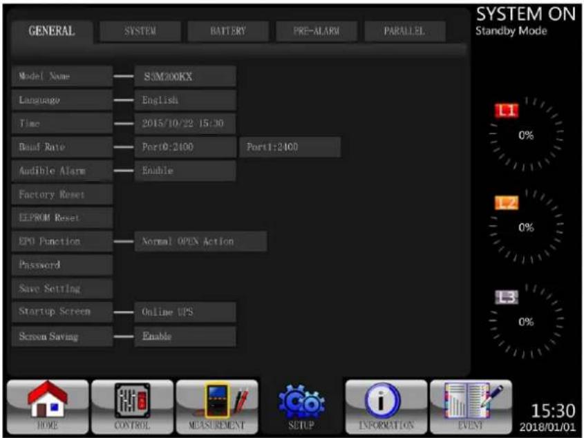 GENERAL SYSTEM BATTERY PRE-ALARM PARALLEL MODEL Name S3M200KX Language English Time 2015/10/22 15:30 Band Rate Port10:2400 Port1:2400 Audible Alarm Enable Factory Reset EEPROM Reset EPO Function Normal OPEN Action Password Save Setting Startup Screen Online UPS Screen Saving Enable SYSTEM ON Standby…