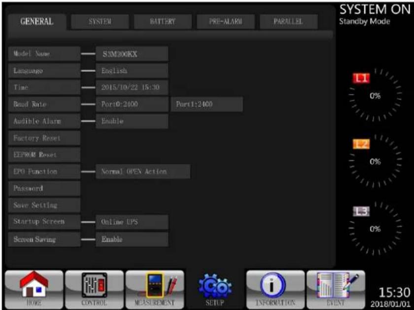 GENERAL SYSTEM BATTERY PRE-ALARM PARALLEL MODEL Name S3M200RX Language English Time 2015/10/22 15:30 Brand Role Port0:2400 Port1:2400 Audible Alarm Enable Factory Reset EEPROM Reset EPO Function Normal OPEN Action Password Save Setting Startup Screen Online UPS Screen Saving Enable SYSTEM ON Standby…