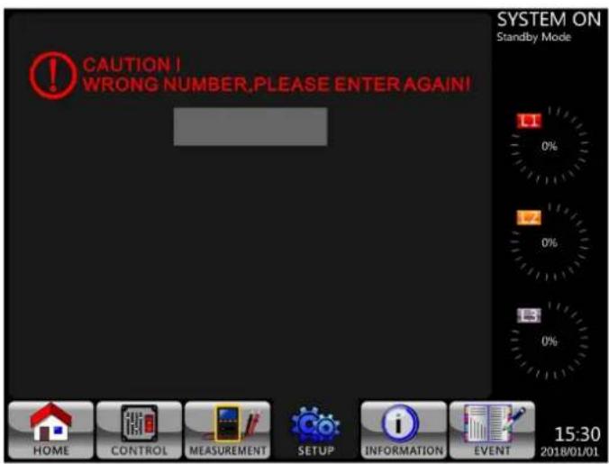 CAUTION! WRONG NUMBER,PLEASE ENTER AGAIN! SYSTEM ON Standby Mode 0% 0% 0% 0% HOME CONTROL MEASUREMENT SETUP INFORMATION EVENT 15:30 2018/01/01