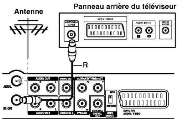 Antenne R Panneau arrière du téléviseur ANTENNA INPUT SCART INPUT AUDIO INPUT VIDEO INPUT AUDIO OUT VIDEO OUT COMPOBET VIDEO OUT ADUAL RF. OUT AUDIO IN 3 VIDEO IN 3 P/SCAN COASTAL DIGITAL OUT VIDEO OUTPUT RGB COMPACT EURO 891 AUDIO / VIDEO