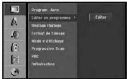 Program. Auto. Editor on programme Régage l'horloge Format de l'image Mode d'Affichage Progressive Scan PBC Initialisation