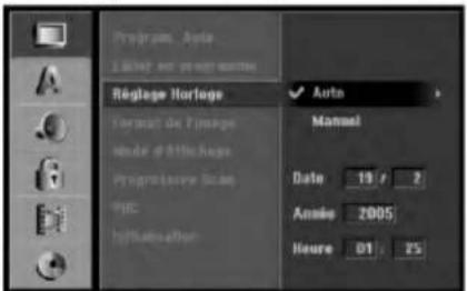 Program Auto 1 March 2008 Réglage Horloge Format de l'image Model d'Office Programme Type MFC Influme/Off Auto Manuel Date 19 / 2 Année 2005 Heure 01 / 25