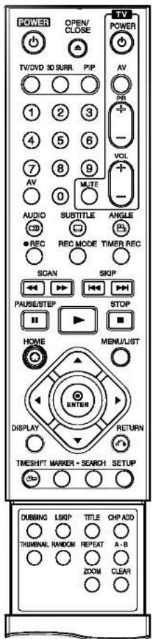 POWER OPEN/ CLOSE TV/DVD 30 SURR. PIP AV 1 2 3 4 5 6 7 8 9 AV 0 AUDIO SUBTITLE ANGLE ○ REC REC MODE TIMER REC SCAN SKIP PAUSE/STEP STOP HOME MENU/LIST ENTER DISPLAY RETURN TIMESHFT MARKER - SEARCH SETUP DUBBING LSKIP TITLE CHP ADD TRUMBVAL RANDOM REPEAT A-B ZOOM CLEAR