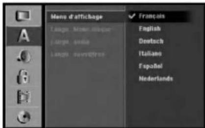Menu d'affichage Language: German-Äkkaus Language: öndalä Language: mässvötes Français English Deutsch Italiano Español Nederlands