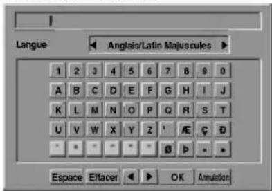 Langue Anglais/Latin Majuscules 1 2 3 4 5 6 7 8 9 0 A B C D E F G H I J K L M N O P Q R S T U V W X Y Z ' A E C D * * * * * * B P * Espace Eftacer OK Annulation