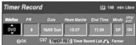 Timer Record 198 min Libre Médias PR Date Heure Marche End Time Mode VPS/ DVD 9 16/05 Sun 10:07 11:00 SP ON OK C07 TIMER REC Timer Record List Farmer