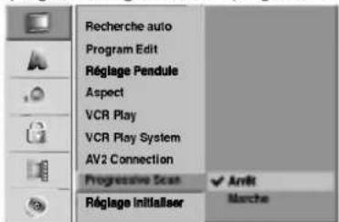Recherche auto Program Edit Réglage Pendule Aspect VCR Play VCR Play System AV2 Connection Progressive Scan Réglage initialiser Anlit Marche