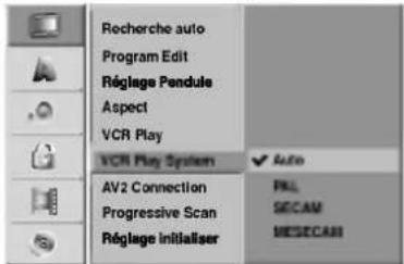 Recherche auto Program Edit Réglage Pendule Aspect VCR Play VCR Play System AV2 Connection Progressive Scan Réglage initialiser Auto PRL SECAM MESECAM