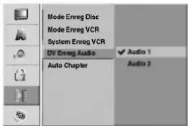 Mode Enreg Disc Mode Enreg VCR System Enreg VCR DV Enreg Audio Auto Chapter Audio 1 Audio 2