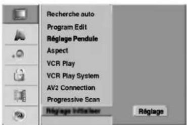 Recherche auto Program Edit Réglage Pendule Aspect VCR Play VCR Play System AV2 Connection Progressive Scan Réglage Initiéter Réglage