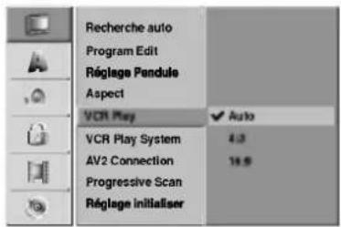Recherche auto Program Edit Réglage Pendule Aspect VCR Play ✓ Auto VCR Play System 4.3 AV2 Connection 18.9 Progressive Scan Réglage initialiser