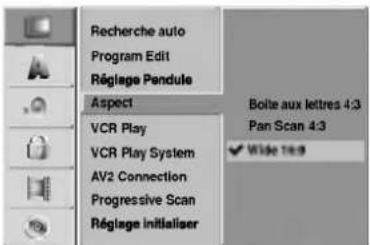 Recherche auto Program Edit Réglage Pandule Aspect VCR Play VCR Play System AV2 Connection Progressive Scan Réglage Initialiser Boîle aux lettres 4:3 Pan Scan 4:3 Wide 1x9