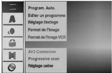 Program. Auto. Editor un programme Réglage Horloge Format de l'image Format de l'image VCR AV2 Connexion Progressive scan Réglage usine