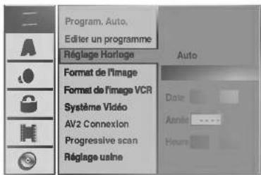 Program, Auto, Editor un programme Réglage Horloge Format de l'image Format de l'image VCR Système Vidéo AV2 Connexion Progressive scan Réglage usine Auto Date Année Heures