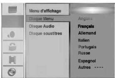 Menu d'affichage Disque Menu Disque Audio Disque soustitres Angiès Français Alemand Italien Portugais Russe Espagnol Autres ----
