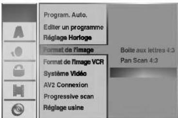 Program, Auto, Editor un programme Réglage Horloge Format de l'image Format de l'image VCR Système Vidéo AV2 Connexion Progressive scan Réglage usine Boîle aux lettres 4:3 Pan Scan 4:3