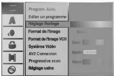 Program. Auto. Editor un programme Réglage Horlage Format de l'image Format de l'image VCR Système Vidéo AV2 Connexion Progressive scan Réglage usine Mode Date Année Heure