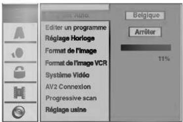 Editer un programme Réglage Horloge Format de l'image Format de l'image VCR Système Vidéo AV2 Connexion Progressive scan Réglage usine Belgique Arrêter 11%