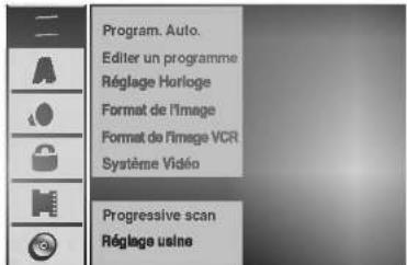 Program. Auto. Editor un programme Réglage Horloge Format de l'image Format de l'image VCR Système Vidéo Progressive scan Réglage usine