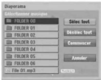 Diaporama Sélectionner musique FOLDER 00 FOLDER 01 FOLDER 02 FOLDER 03 FOLDER 04 FOLDER 05 FOLDER 06 File 01.mp3 Sélec tout Désèlec tout Commencer Annuler