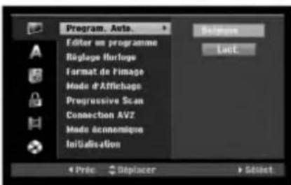 Program. Auto. Editor en programme Répôge Iturloge Format de l'image Mode d'Affichage Progressive Scan Connection AVZ Made économique Initiésation Baseline Last Price Réplacer Select