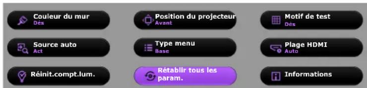 Couleur du mur Dés Position du projecteur Avant Motif de test Dés Source auto Act Type menu Base Plage HDMI Auto Réinit.compt.lum. Rétablir tous les param. Informations
