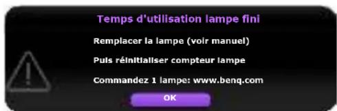 Temps d'utilisation lampe fini Remplacer la lampe (voir manuel) Puls réinitialiser compteur lampe Commandez 1 lampe: www.benq.com OK