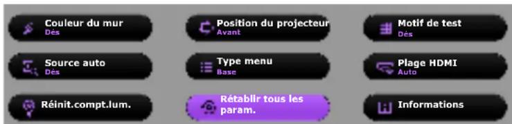 Couleur du mur Des Position du projecteur Avant Motif de test Des Source auto Des Type menu Base Plage HDMI Auto Réinit.compt.lum. Rétablir tous les param. Informations
