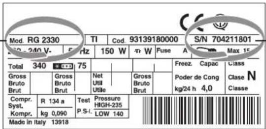 Mod. RG 2330 TI Cod. 93139180000 S/N 704211801 240 V 5 Hz 150 W 7 W Fuse A Max 15 Total 340 75 Freez.Capac Class Gross Gross N.Gross Poder de Cong Bruto Util Bruto kg/24 h 4,0 Clase N Brut Util Brut Compr. Syst. Kompr. kg 0,090 R 134 a Test Pressure HIGH-235 LOW 140 Made in Italy 13918