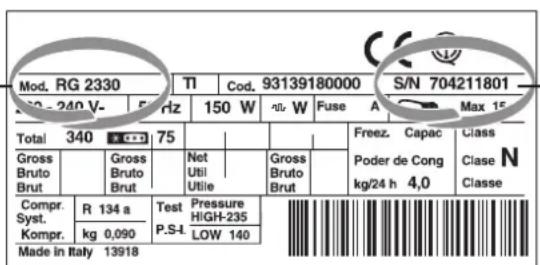 Mod. RG 2330 TI Cod. 93139180000 S/N 704211801 50 - 240 V- 5 Hz 150 W nW Fuse A Max 15 Total 340 C++ 75 Freez. Capac Class Gross Bruto Brut Gross Bruto Brut Poder de Cong Clase N Compr. R 134 a Test Pressure High-235 kg/24 h 4,0 Classe Syst. Kompr. kg 0,090 P.S.L LOW 140 Made in Italy 13918