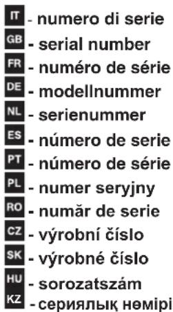IT - numero di serie GB - serial number FR - numéro de série DE - modellnummer NL - serienummer ES - número de serie PT - número de série PL - numer seryjny RO - numär de serie CZ - výrobní číslo SK - výrobné číslo HU - sorozatszám KZ - сериялык нөмірі