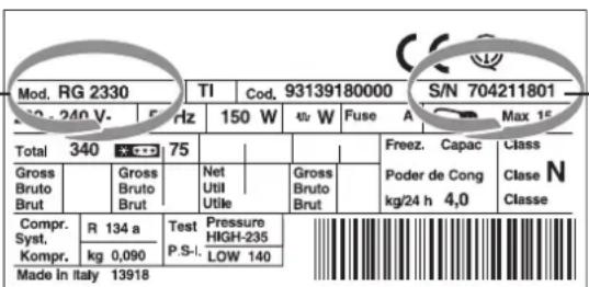 Mod. RG 2330 TI Cod. 93139180000 S/N 704211801 150 W w W Fuse A Max 15 Total 340 75 Gross Bruto Brut Gross Bruto Brut Net Utili Gross Bruto Brut Compr. R 134 a Test Pressure HIGH-235 Kompr. kg 0,090 LOW 140 Made in Italy 13918 Freez. Capac Class Poder de Cong Clase N kg/24 h 4,0 Classe