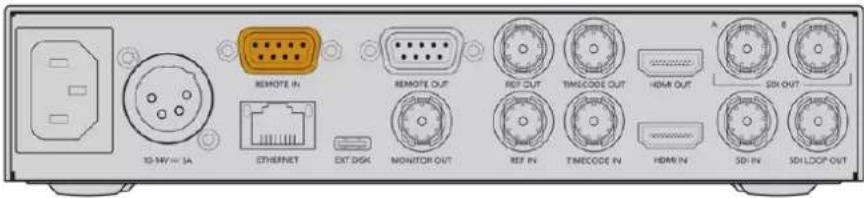 10-34V=5A REMOTE IN ETHERNET EXT DISC MONITOR OUT REMOTE OUT REF OUT TIMECODE OUT HDMI OUT SDI OUT REF IN TIMECODE IN HDMI IN SDI-IN SDI LOOP OUT