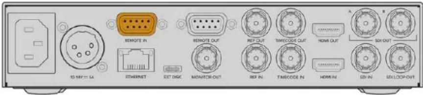 10.18V=1A REMOTE IN ETHERNET EXT DISC REMOTE OUT REF OUT TIMECODE OUT HDMI OUT A B SDI OUT MONITOR OUT REF IN TIMECODE IN HDMI IN SDI IN SDI LOOP OUT