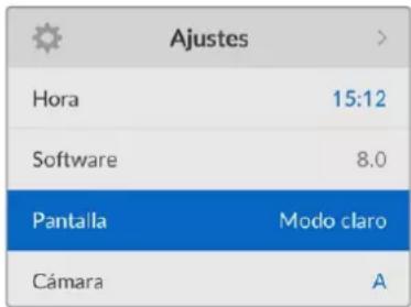 Ajustes Hora 15:12 Software 8.0 Pantalla Modo claro Cámara A