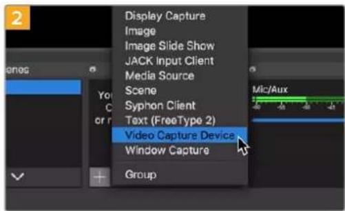Display Capture Image Image Slide Show JACK Input Client Media Source Scene Syphon Client Text (FreeType 2) Video Capture Device Window Capture Group