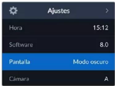 Ajustes Hora 15:12 Software 8.0 Pantalla Modo oscuro Cámara A