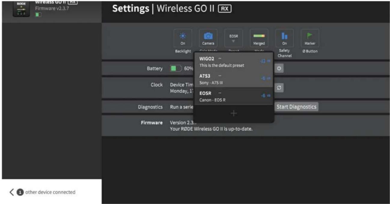 Røde Wireless GO II - Selecting a Preset on Your Receiver - 1