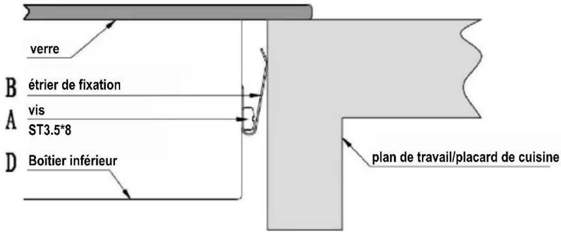 verre B étrier de fixation A vis ST3.5*8 D Boîtier inférieur plan de travail/placard de cuisine