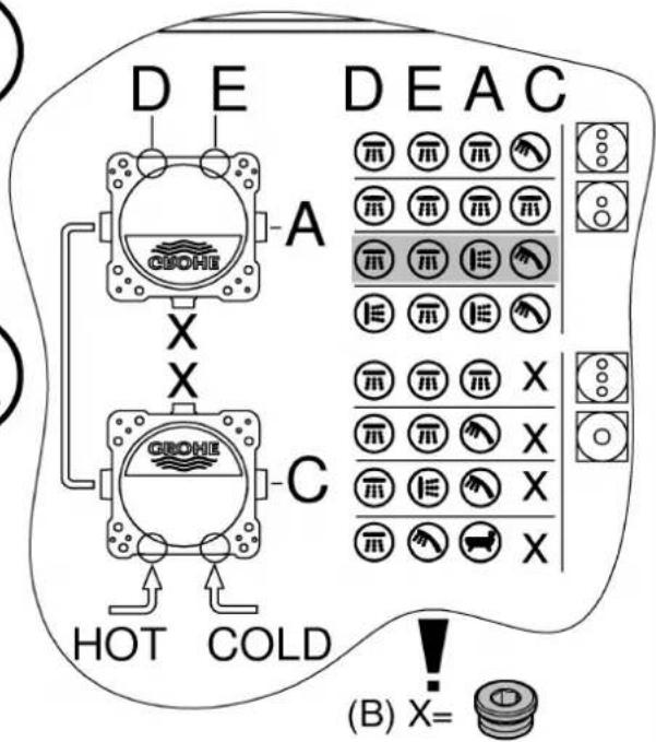 bar 1 2 3 4 5 6 D 12,1 17,1 21 24,2 27,1 29,7 E 12,1 17,1 21 24,2 27,1 29,7 A 12,1 17,1 21 24,2 27,1 29,7 C 16,7 23,7 29 33,5 37,4 41 D+E+A 16,7 23,7 29 33,5 37,4 41 D+E+A+C 20,8 29,4 36 41,6 46,5 50,9 I/min DE DEAC A X C HOT COLD (B) X=