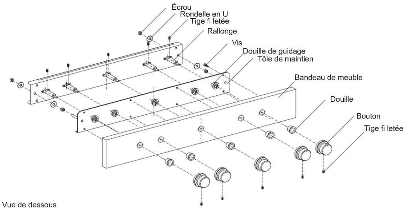 Écrou Rondelle en U Tige fi letée Rallonge Vis Douille de guidage Tôle de maintien Bandeau de meuble Douille Bouton Tige fi letée Vue de dessous