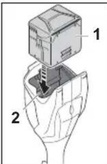 Diagram of a hand holding a device with labeled parts 1 and 2